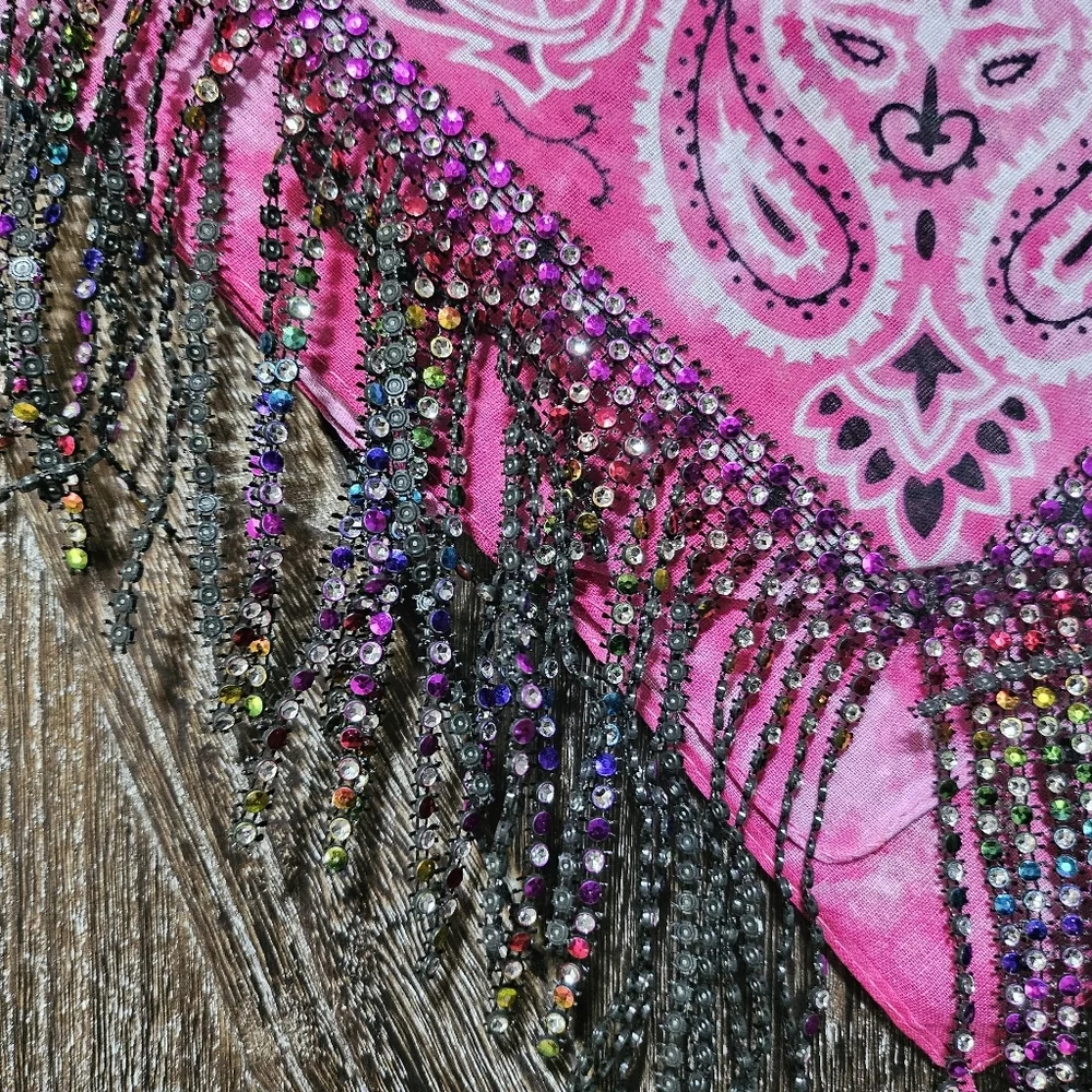 NWT Pink Colorful Pink Fringe Bandana Wild Rag